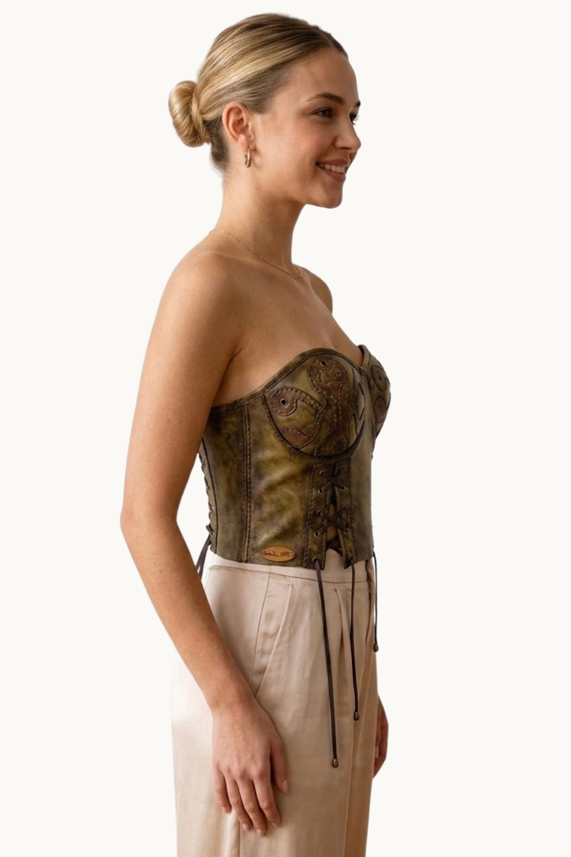 Handcrafted Antiqued Olive Leather Strapless Corset