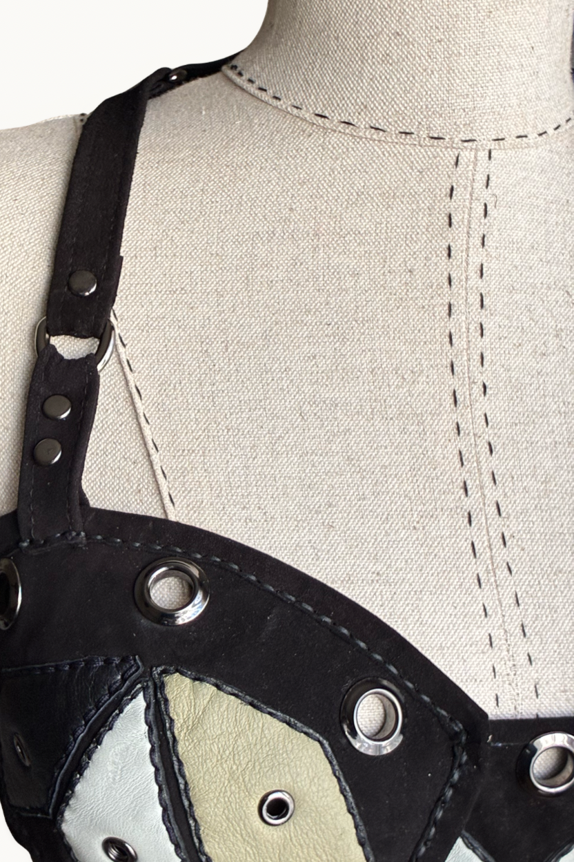 Handcrafted Black Suede Geometric Patchwork Halter Top