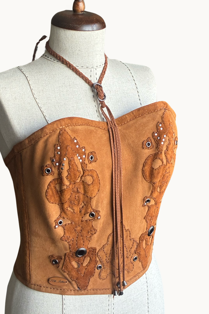 Handcrafted Brown Suede Halter Corset Top with Appliqués