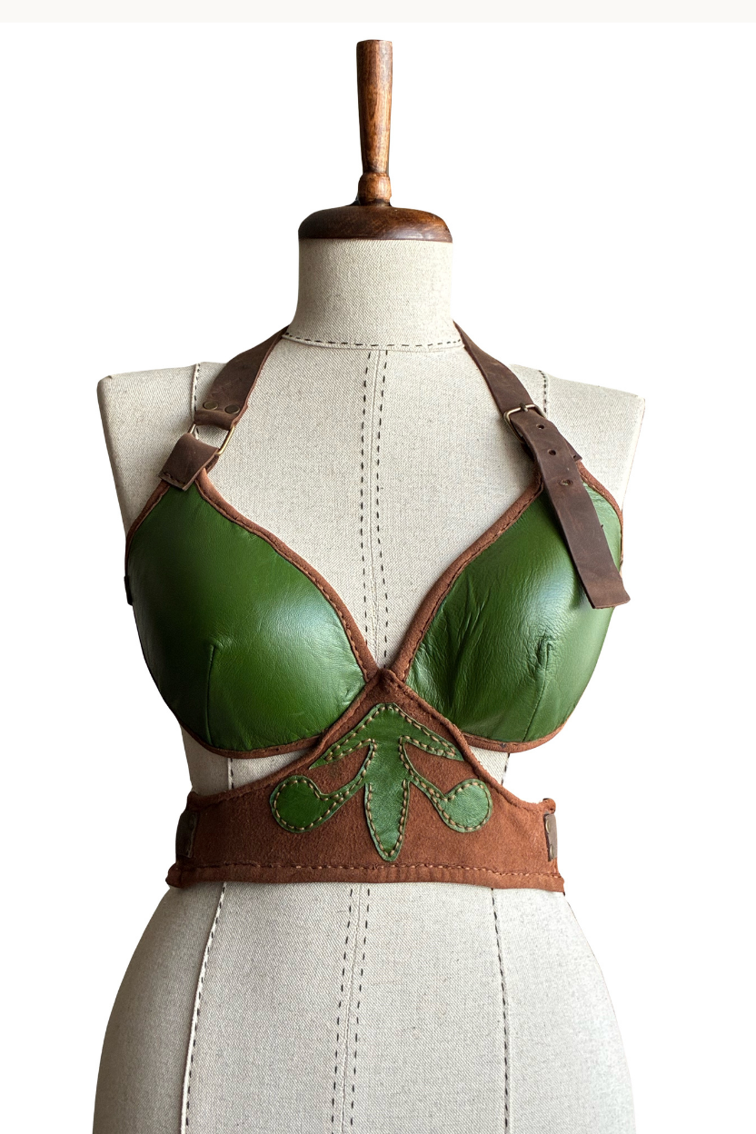Yaprak Aplikeli El Yapımı Yeşil Deri Bralet Koşum Takımı