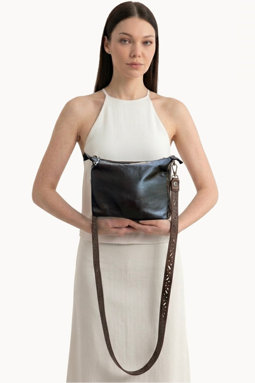 Handcrafted Leather Crossbody Bag with 3D Floral Appliqué