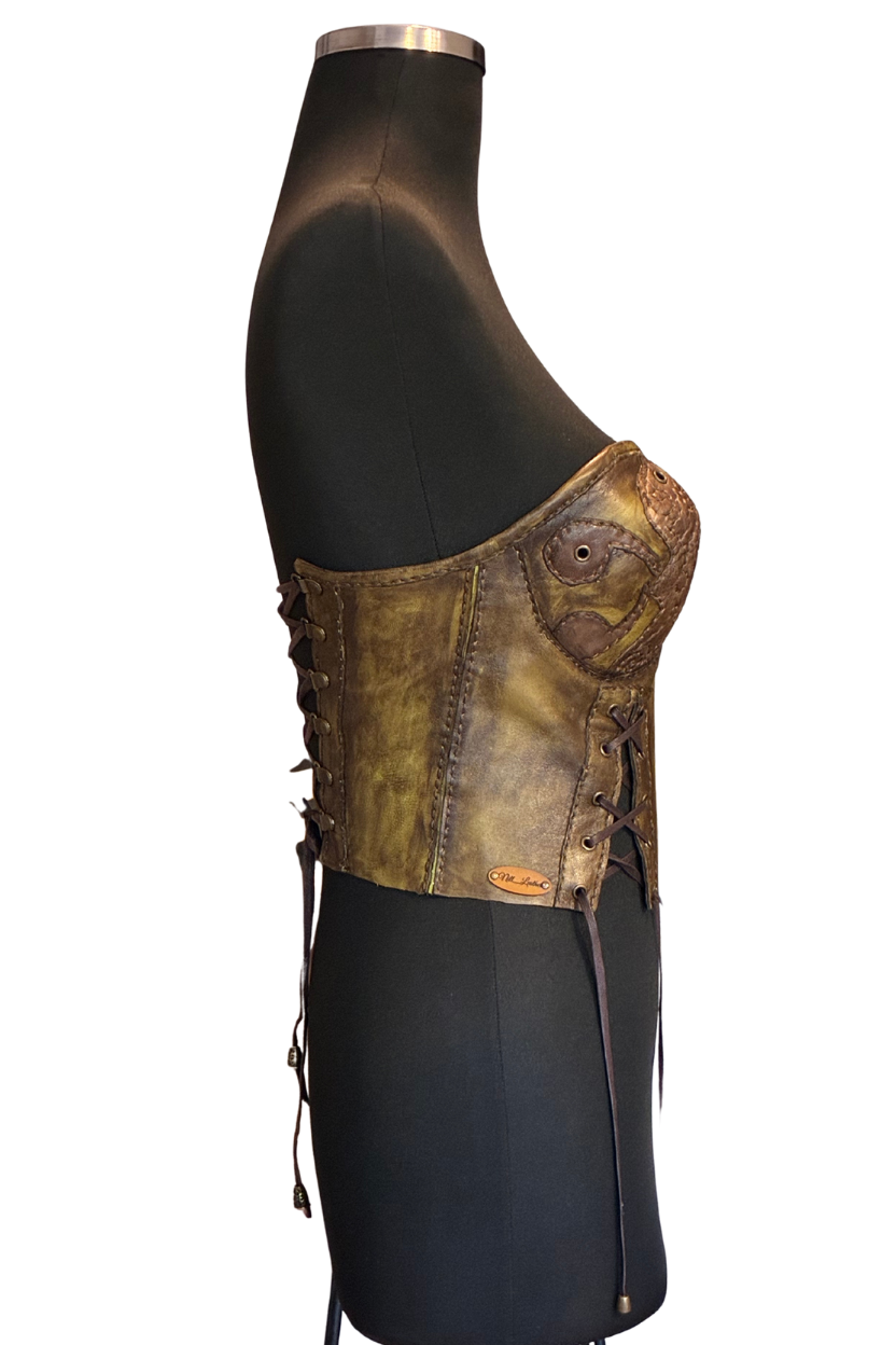 Handcrafted Antiqued Olive Leather Strapless Corset