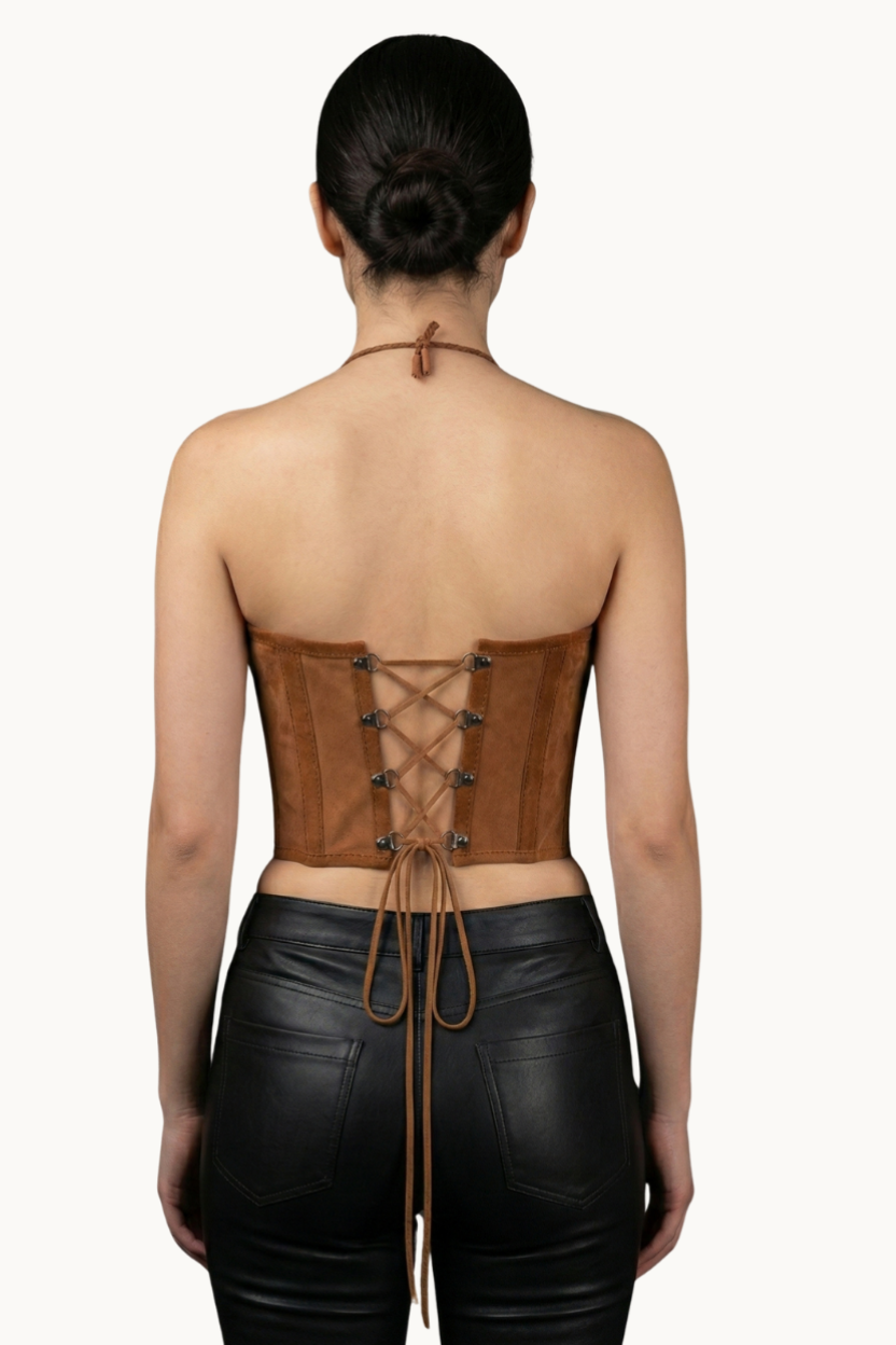 Handcrafted Brown Suede Halter Corset Top with Appliqués