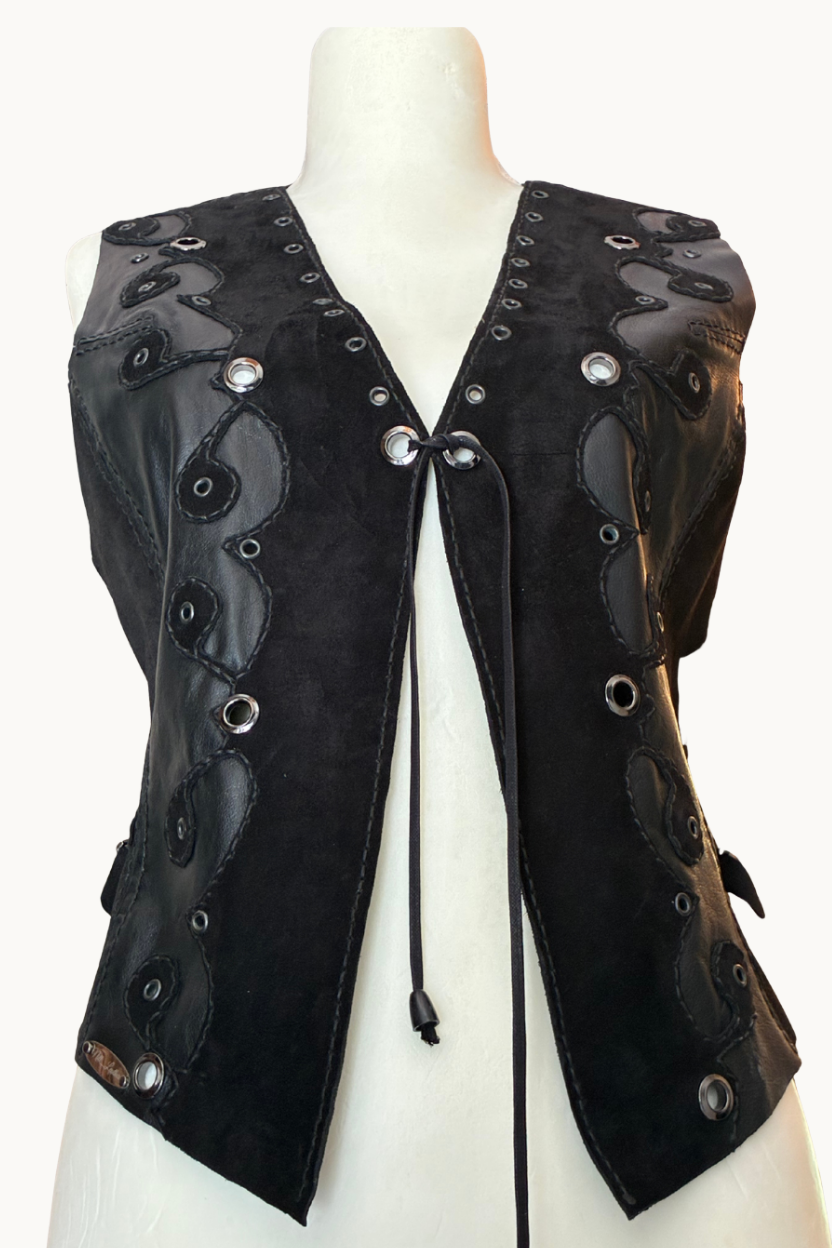 Handcrafted Black Leather & Suede Vest with Eyelets