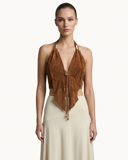 Handcrafted Suede Halter Top with Gold Hardware