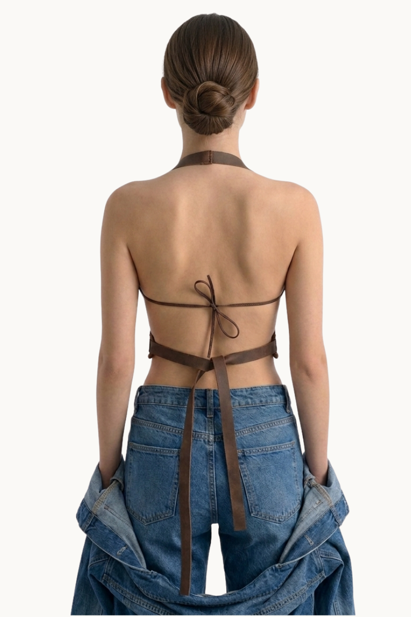 Yaprak Aplikeli El Yapımı Yeşil Deri Bralet Koşum Takımı
