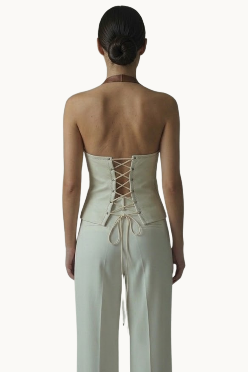 Handcrafted Cream Leather Halter Top with Lace-Up Back