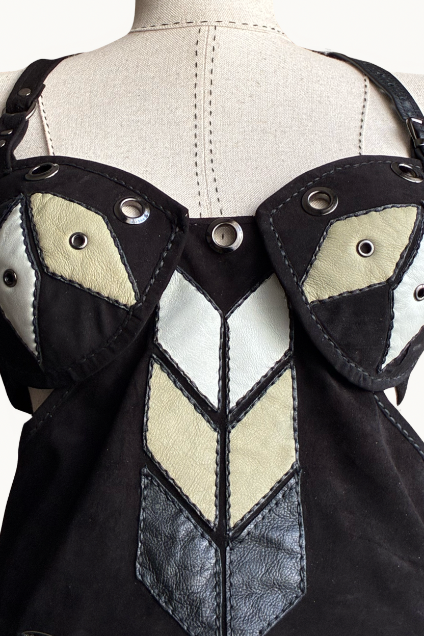 Handcrafted Black Suede Geometric Patchwork Halter Top