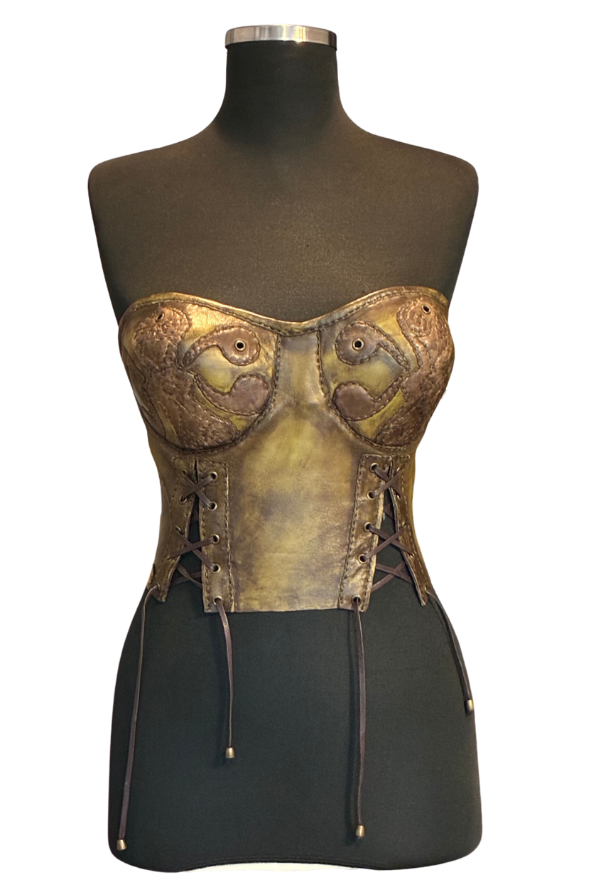Handcrafted Antiqued Olive Leather Strapless Corset