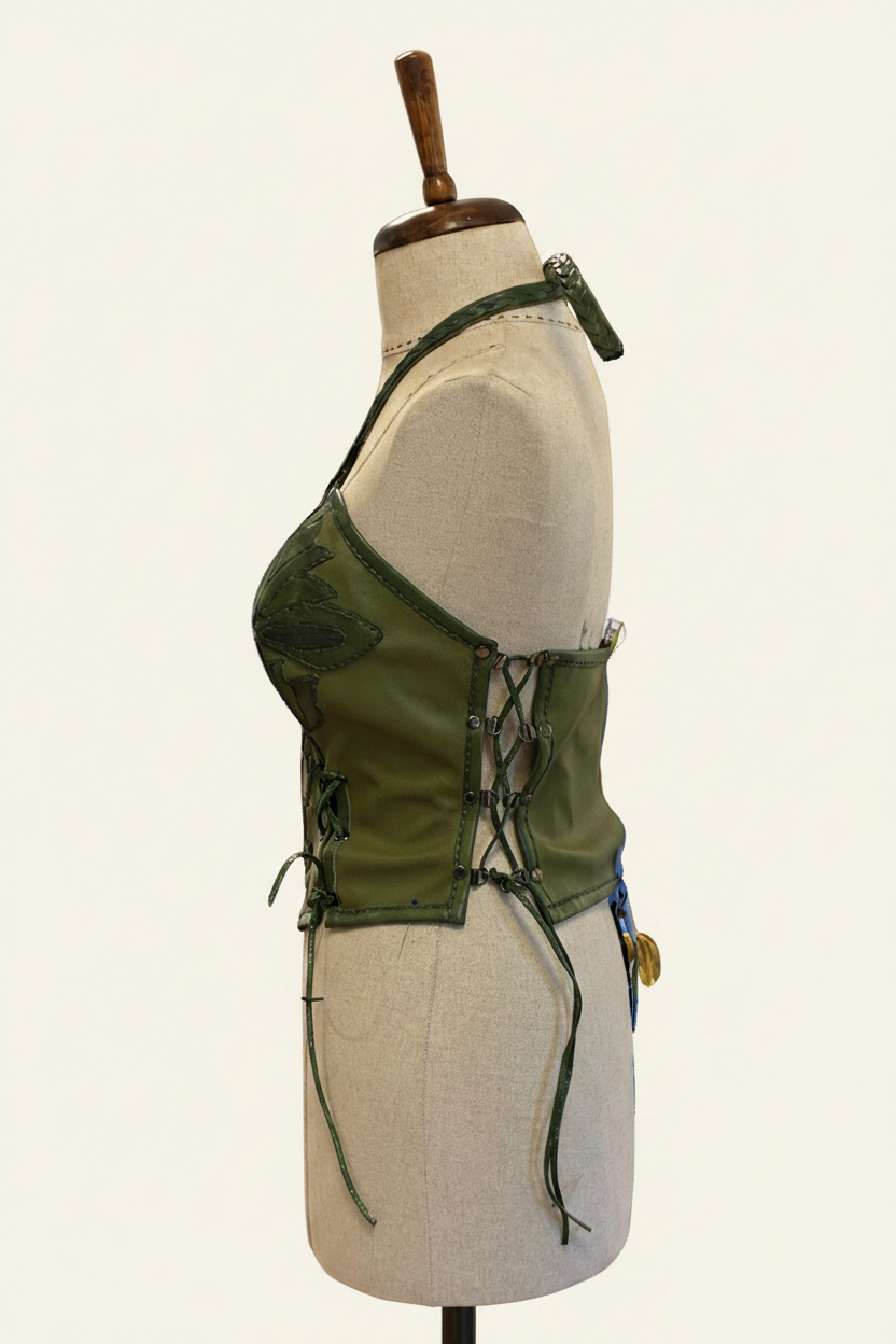 Handcrafted Olive Green Leather Halter Corset Top with Floral Appliqués | Artisan Bustier