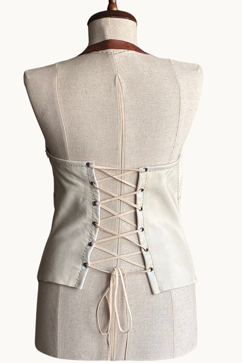 Handcrafted Cream Leather Halter Top with Lace-Up Back