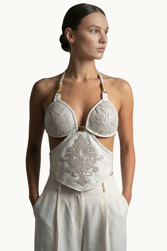 Top Corpiño Halter Color Marfil con Detalles Cosidos a Mano